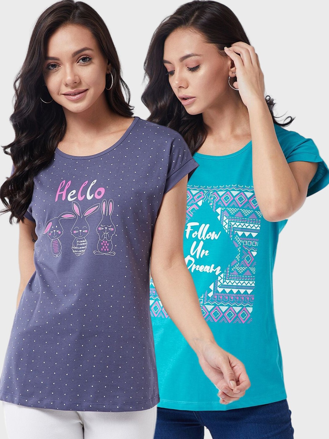 Modeve Women Blue Typography 2 Printed Cotton T-shirts
