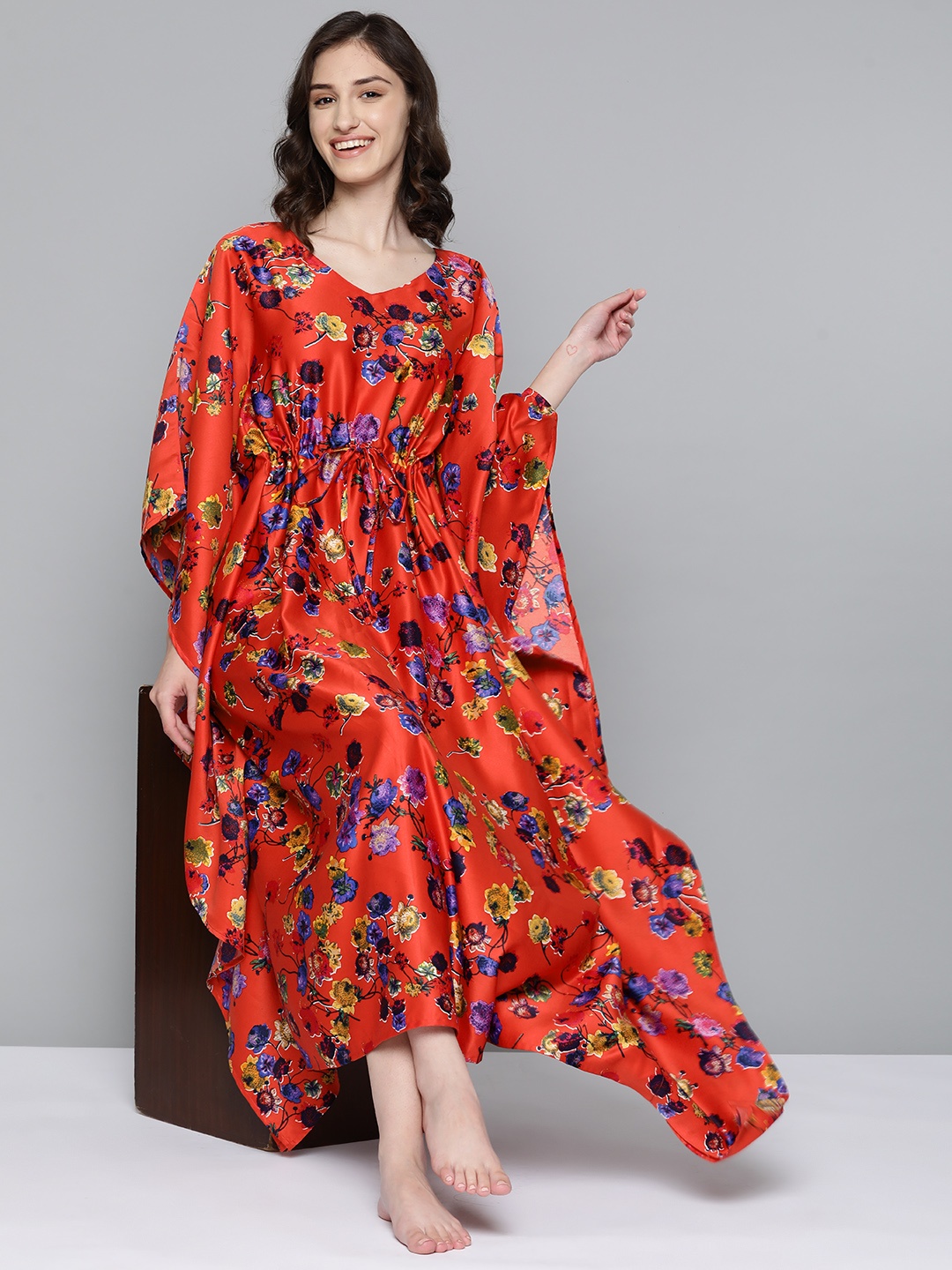 HERE&NOW Red Printed Maxi Nightdress