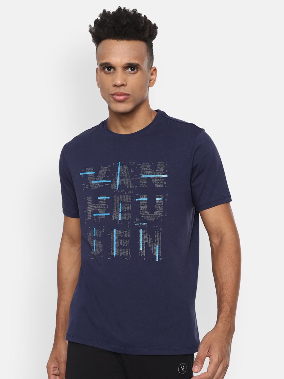 Van Heusen Flex Typography Printed Slim Fit Training T-shirt, Navy blue
