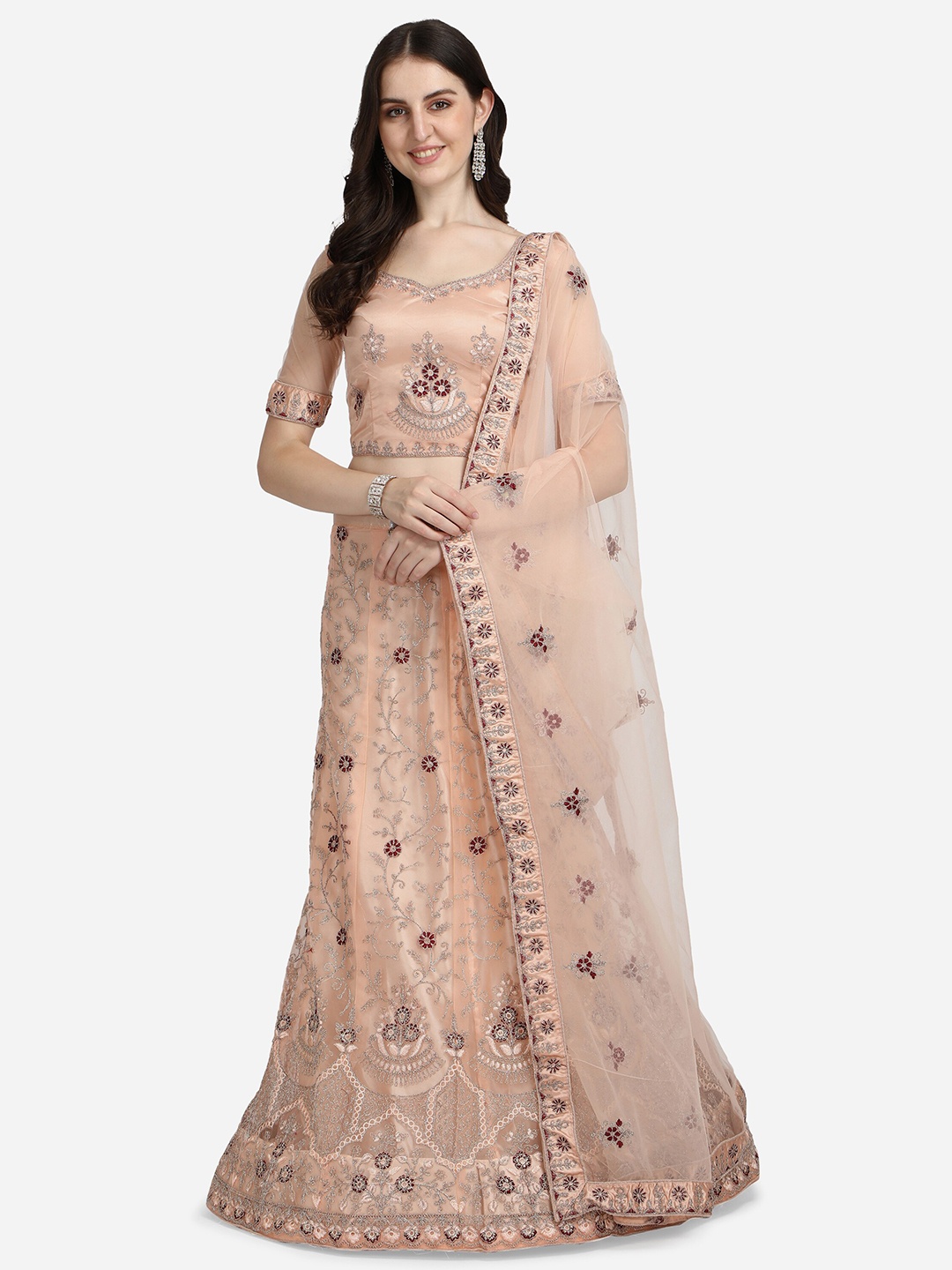 Netram Peach-Coloured & Maroon Embroidered Semi-Stitched Lehenga & Unstitched Blouse With Dupatta
Netram Peach-Coloured & Maroon Embroidered Semi-Stitched Lehenga & Unstitched Blouse With Dupatta