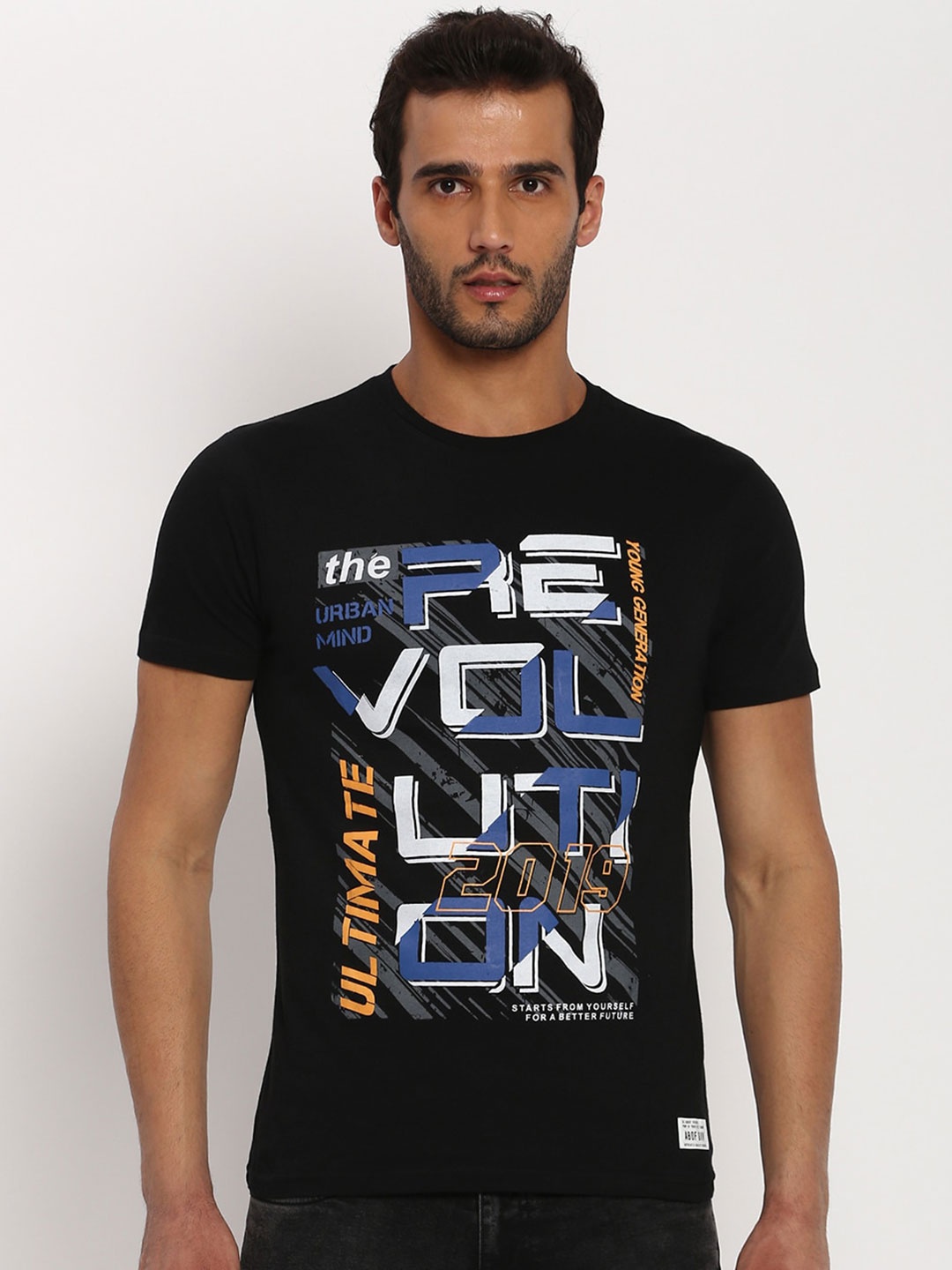 abof Men Black Typography Printed Applique Slim Fit T-shirt
