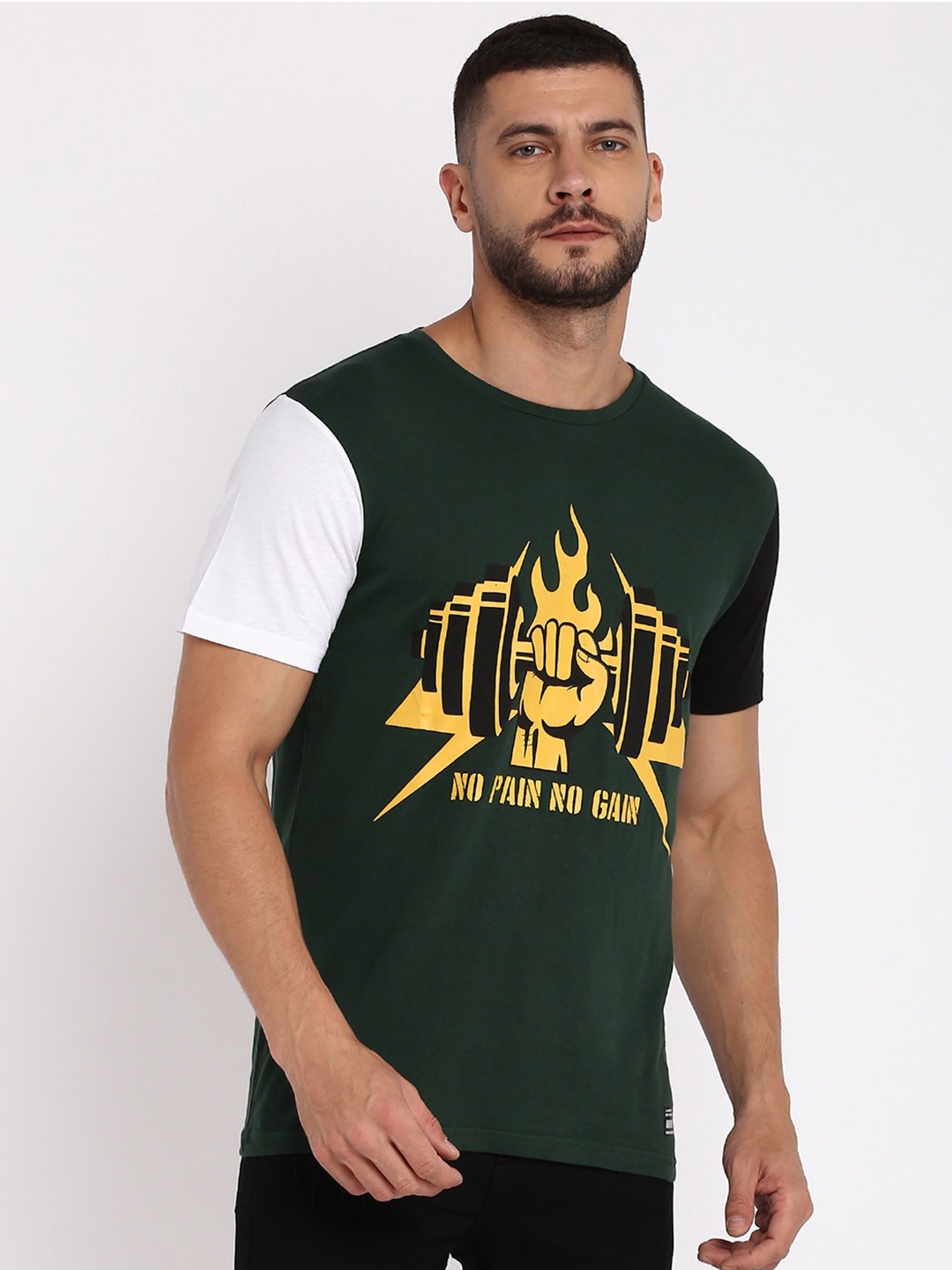 abof Men Green Typography Printed Drop-Shoulder Sleeves Applique T-shirt