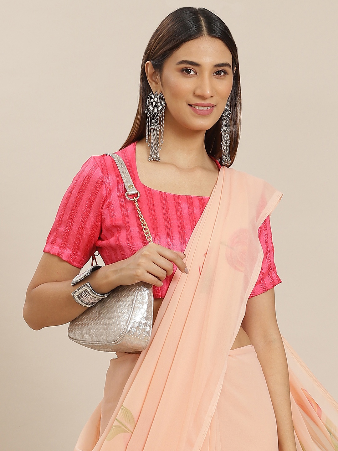 Mitera Peach-Coloured Floral Print Saree