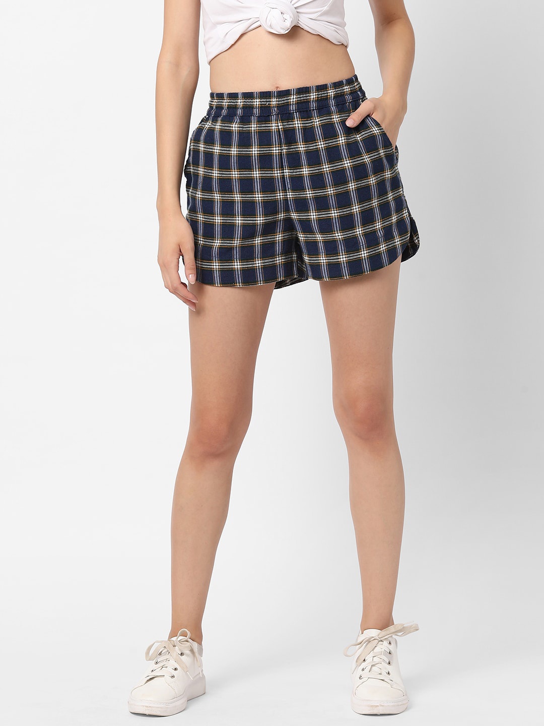 VASTRADO Women Navy Blue Checked Shorts