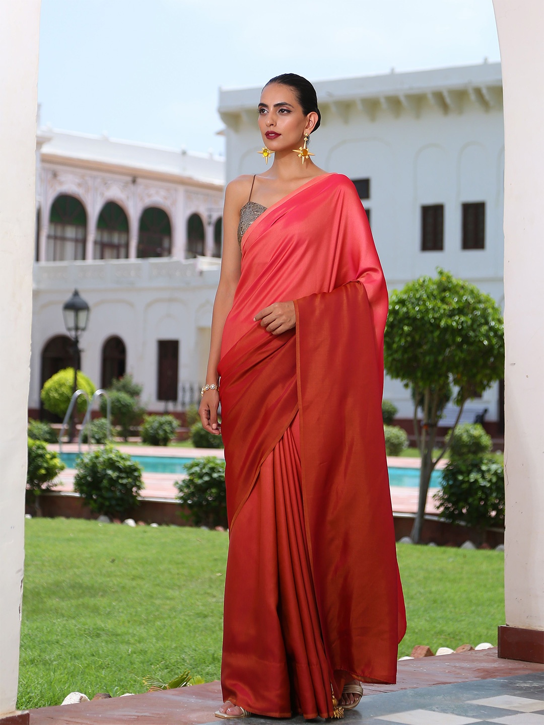 Swtantra Red Ombre Satin Saree