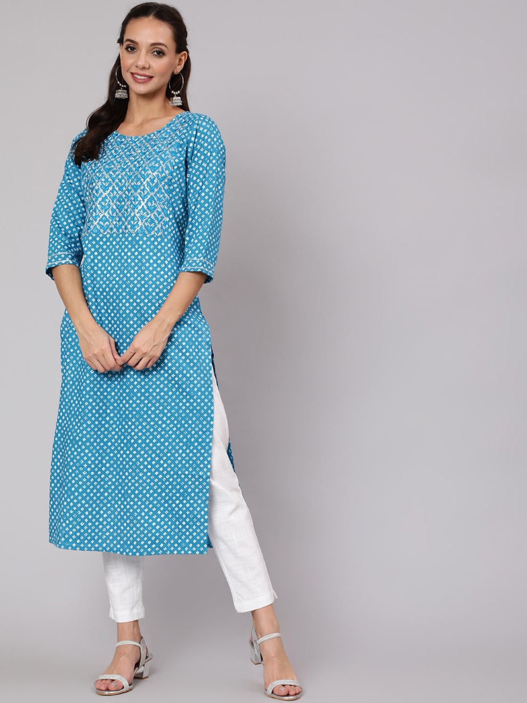 Jaipur Kurti Women Turquoise Blue Bandhani Embroidered Thread Work Kurta with Trousers
Jaipur Kurti Women Turquoise Blue Bandhani Embroidered Thread Work Kurta with Trousers
