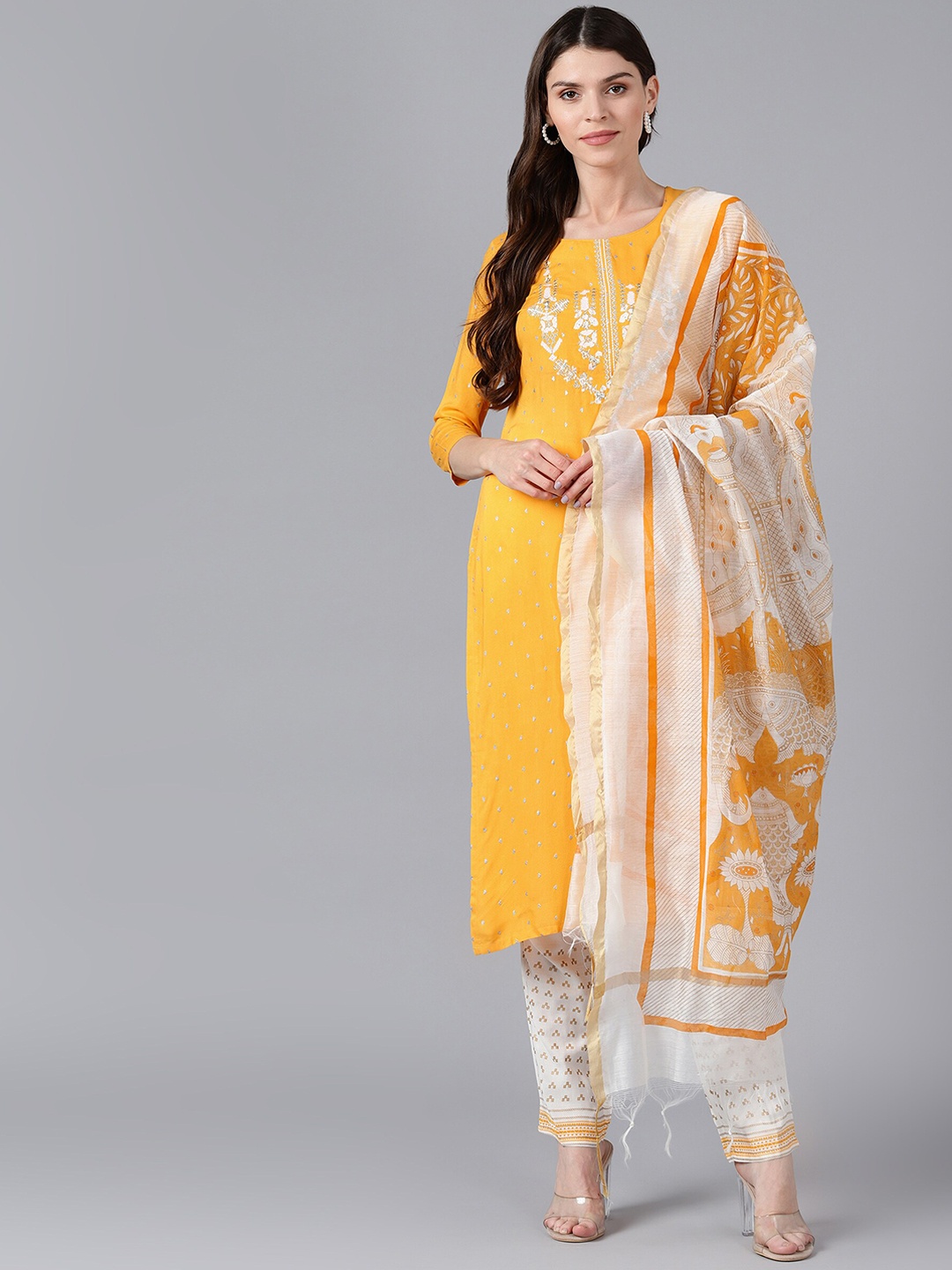 Bani Women Mustard Yellow Ethnic Motifs Yoke Design Pleated Thread Work Liva Kurta with Churidar & With
Bani Women Mustard Yellow Ethnic Motifs Yoke Design Pleated Thread Work Liva Kurta with Churidar & With