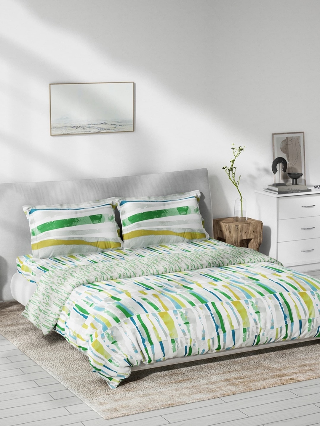 DDecor White & Green Printed Cotton Bedding Set