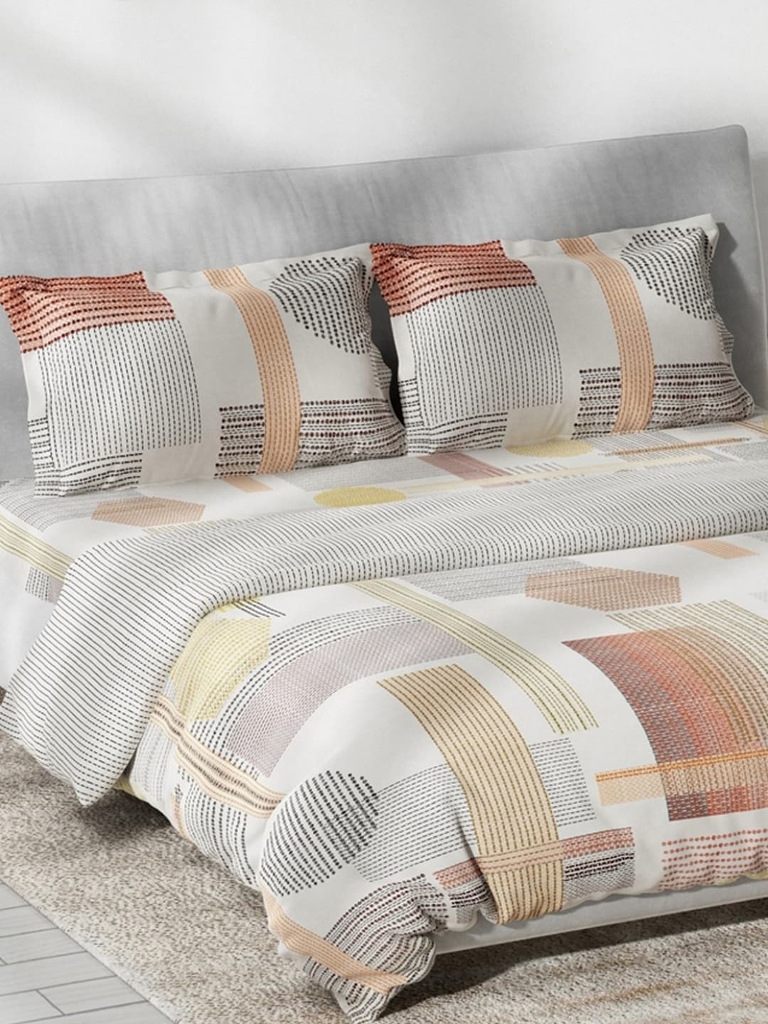 DDecor Cream-Coloured & Orange Printed Cotton Double Queen Bedding Set, Multi