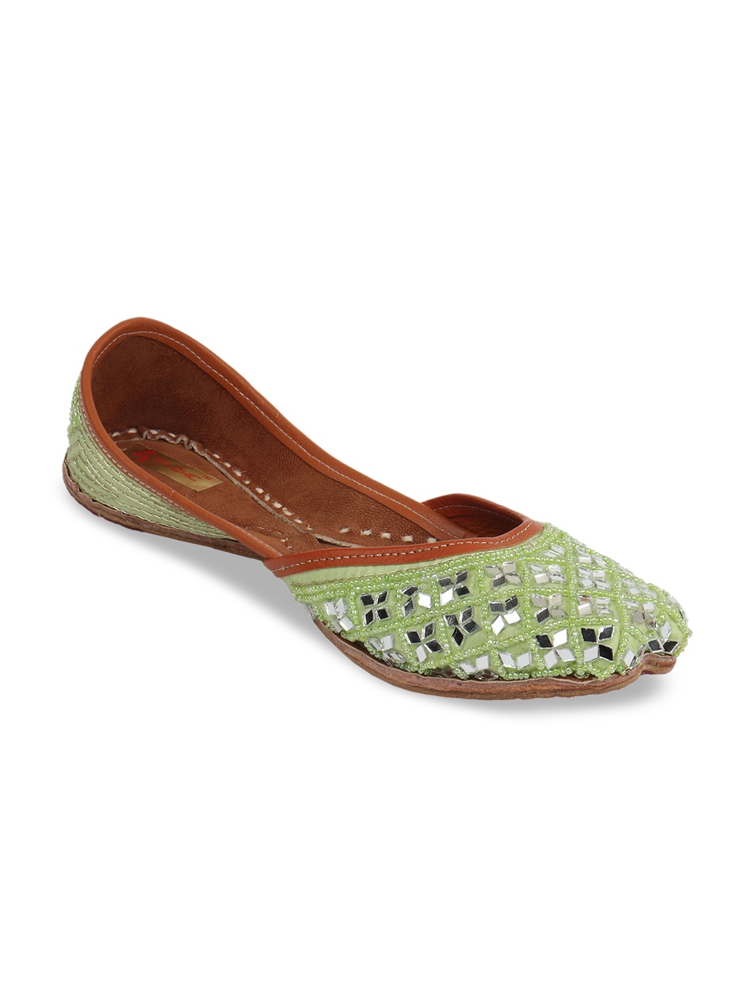 Ta Chic Women Green Embellished Ethnic Mojaris Flats