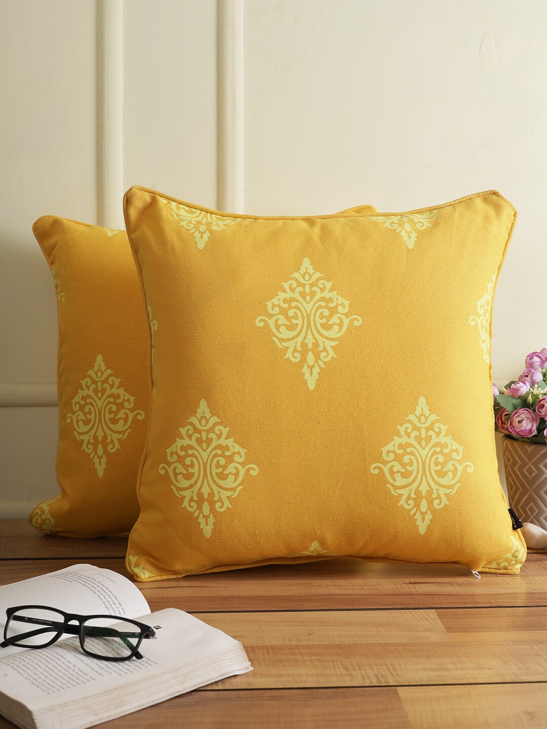 Soumya Yellow Set of 2 Abstract Square Cushion Covers