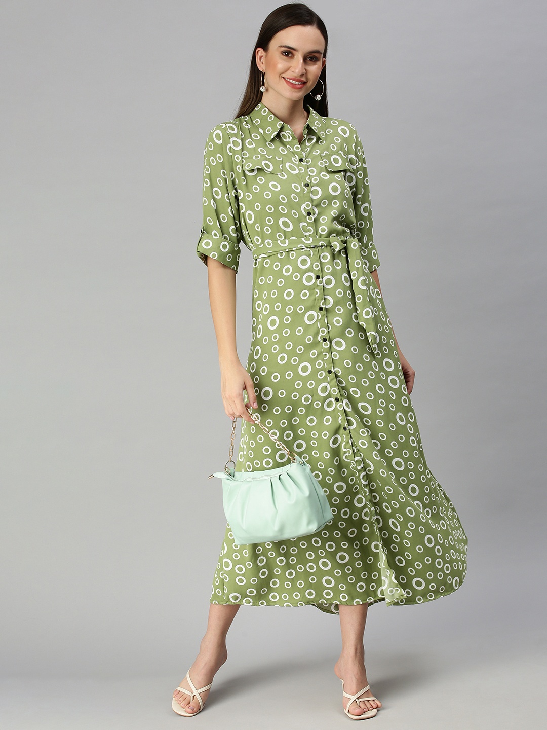 SHOWOFF Green Floral Shirt Midi Dress