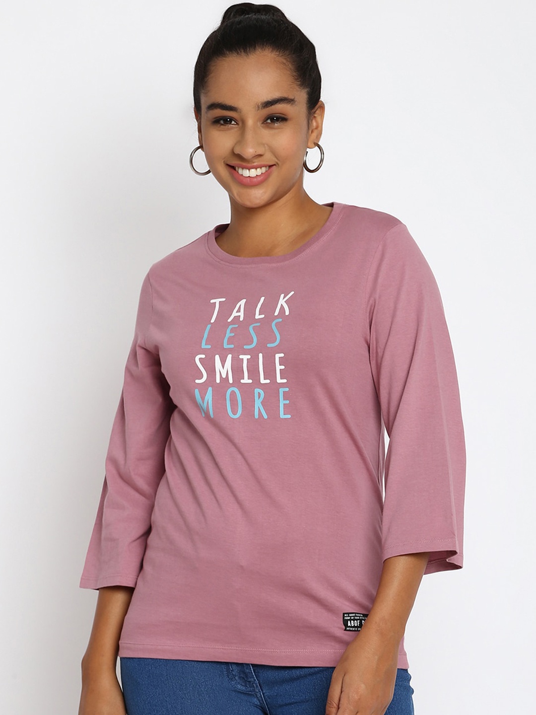 abof Women Purple Typography Printed Raw Edge Loose T-shirt