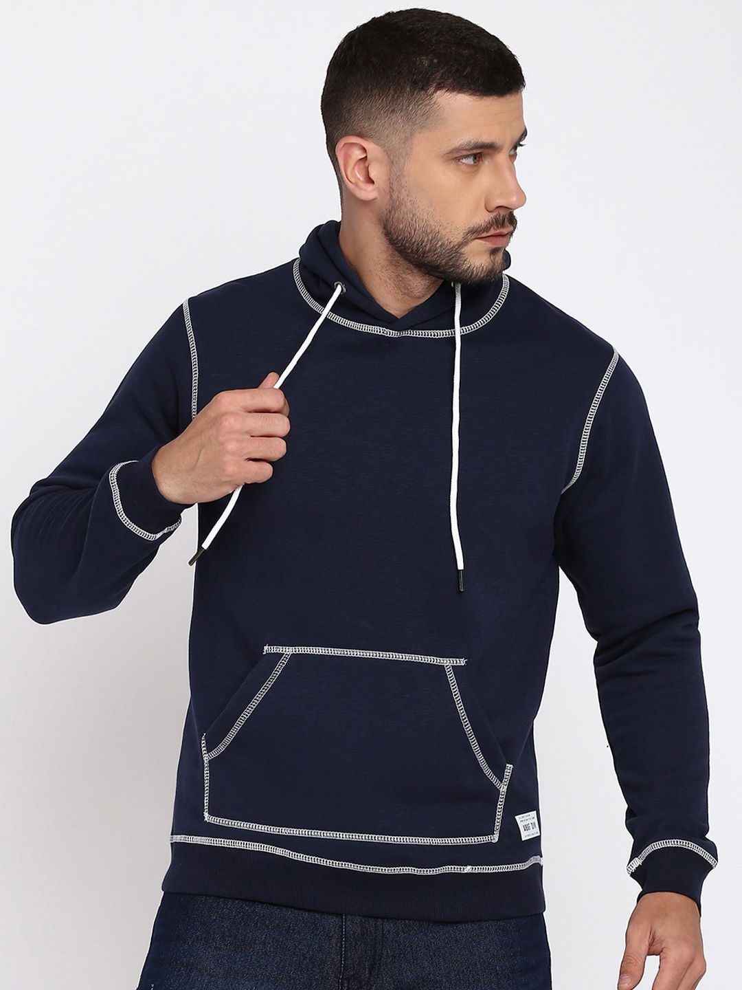 abof Men Navy Blue Hooded Sweatshirt