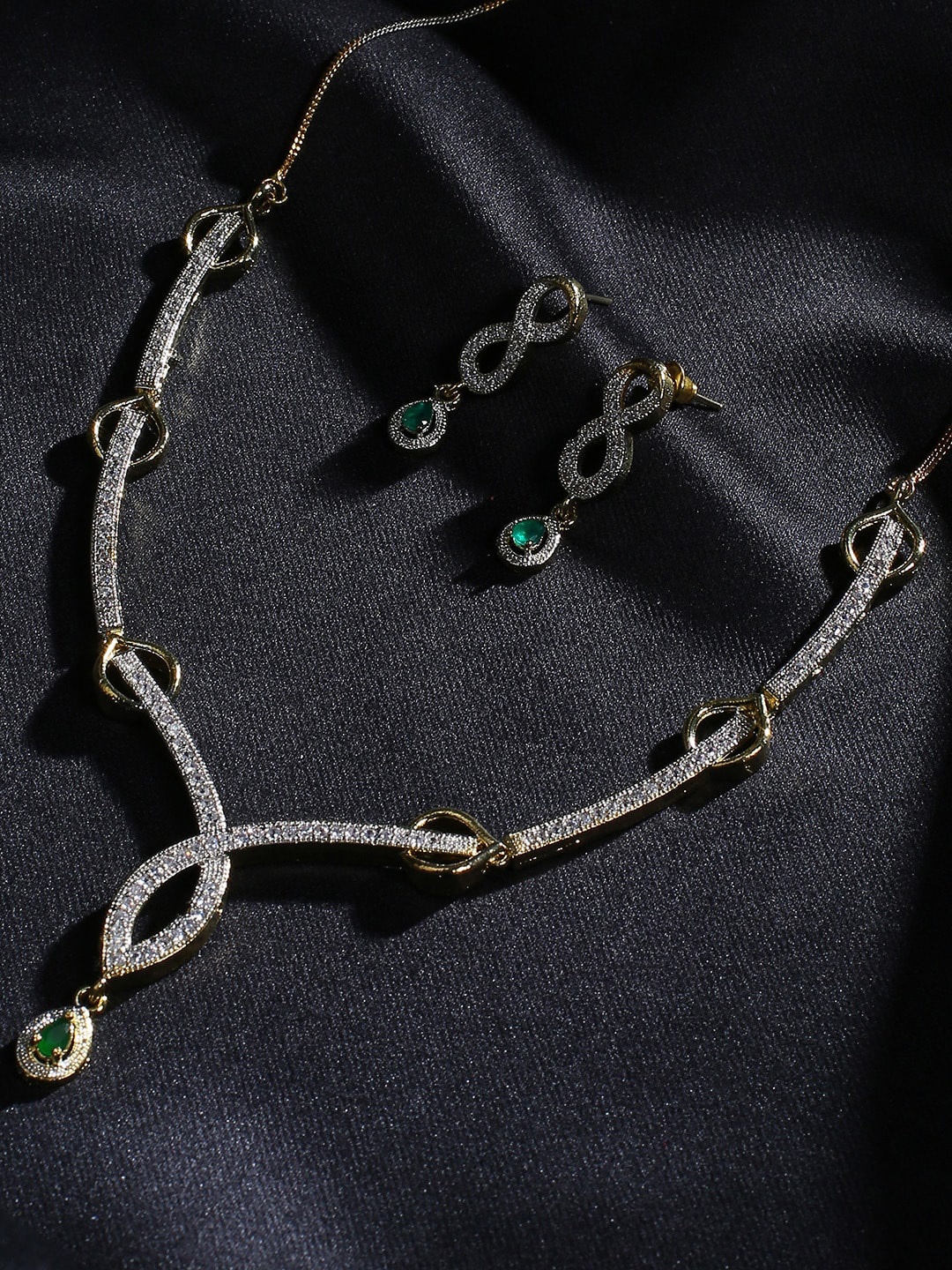 justpeachy Gold-Plated White & Green AD-Studded Jewellery Set