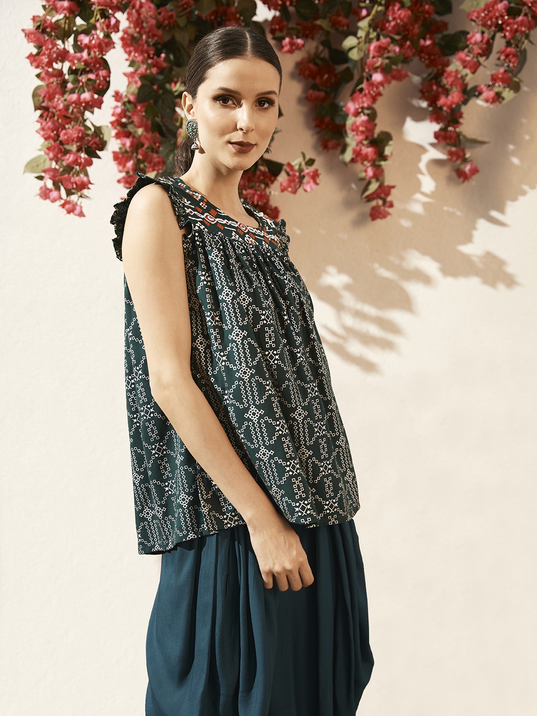 Anouk Green & Silver Geometric Print Top