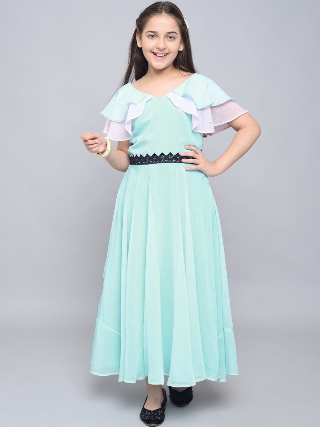 White World Turquoise Blue Georgette Maxi Dress