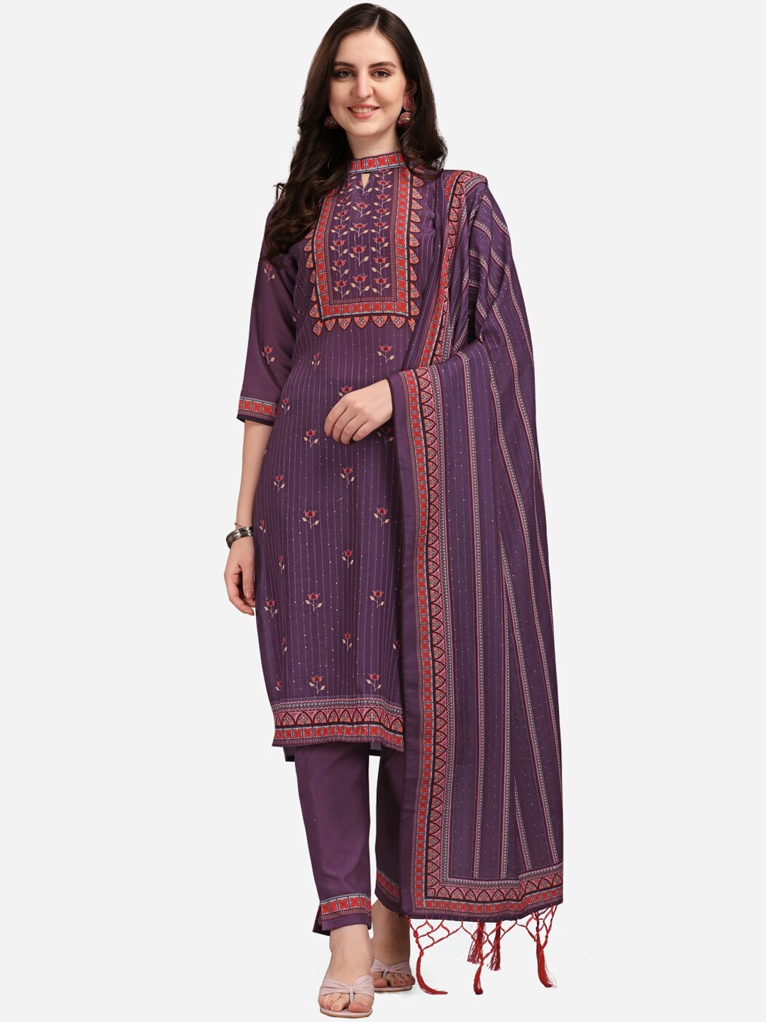 KALINI Women Purple Digital Floral Print Sequined Work Kurta Trousers With Dupatta Set
KALINI Women Purple Digital Floral Print Sequined Work Kurta Trousers With Dupatta Set