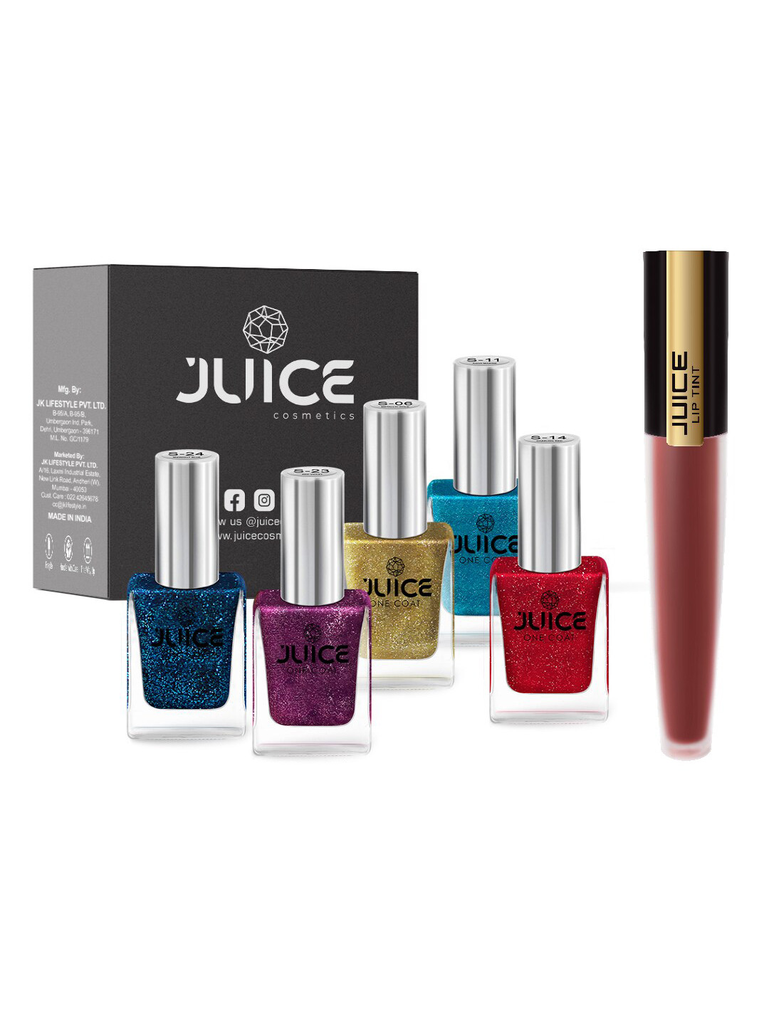 JUICE Set of 5 One Coat Nail Polish with Lip Tint 4 ml, Multi 
JUICE Set of 5 One Coat Nail Polish with Lip Tint 4 ml, Multi