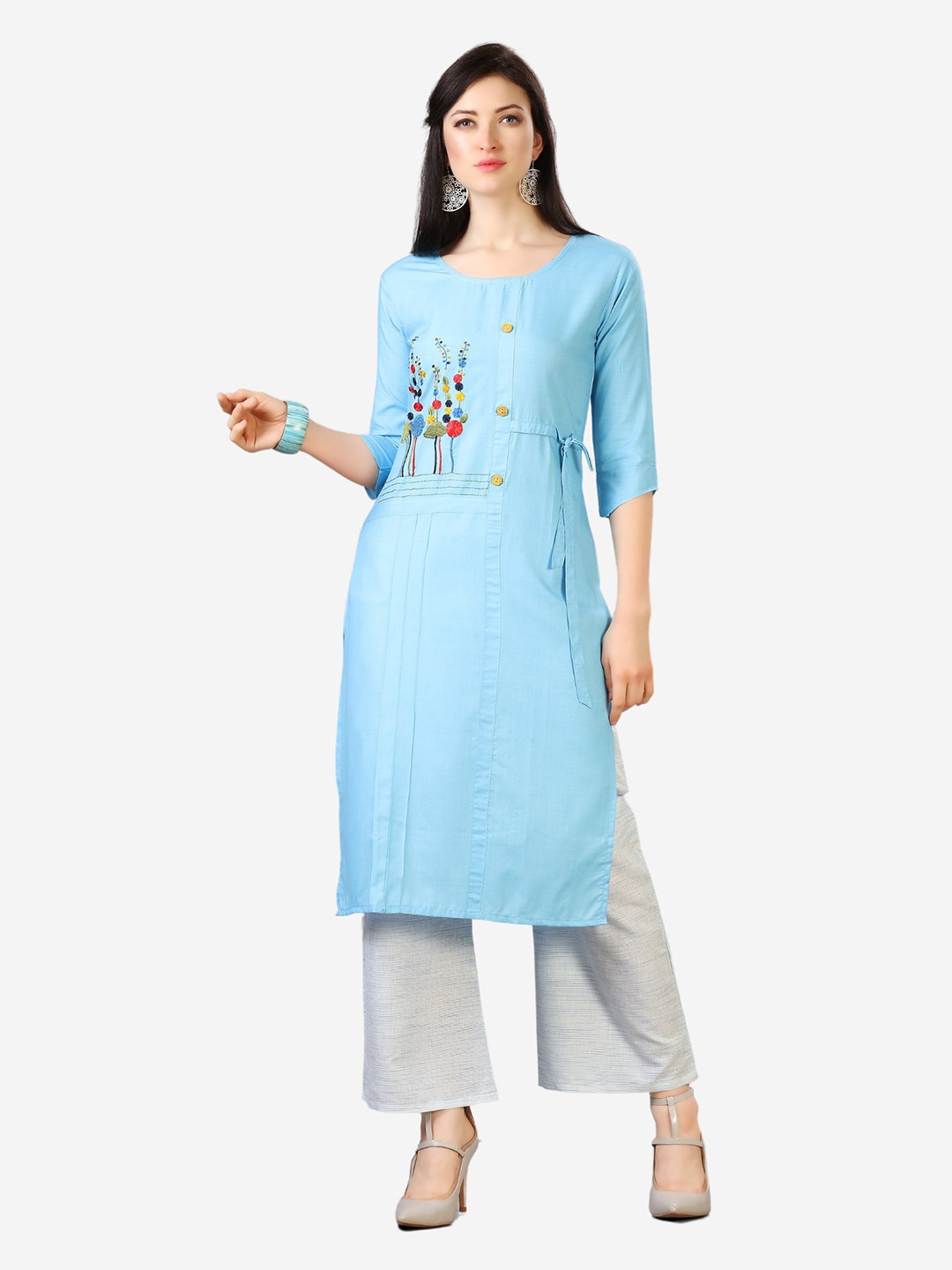 Youthnic Women Light Blue Floral Embroidered Thread Work Straight Kurta
