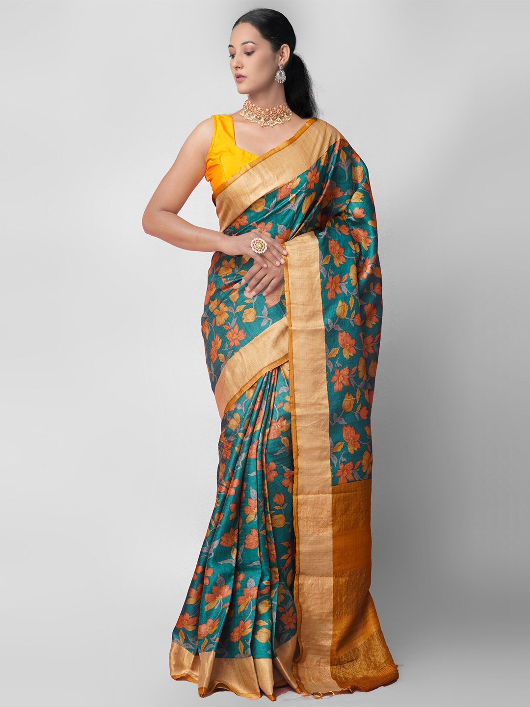 Unnati Silks Green & Orange Floral Zari Pure Silk Handloom Tussar Saree