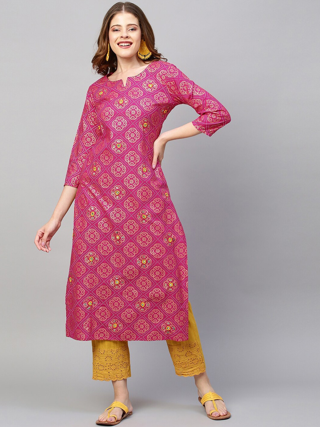 FASHOR Women Pink Geometric Embroidered Keyhole Neck Mirror Work Kurta