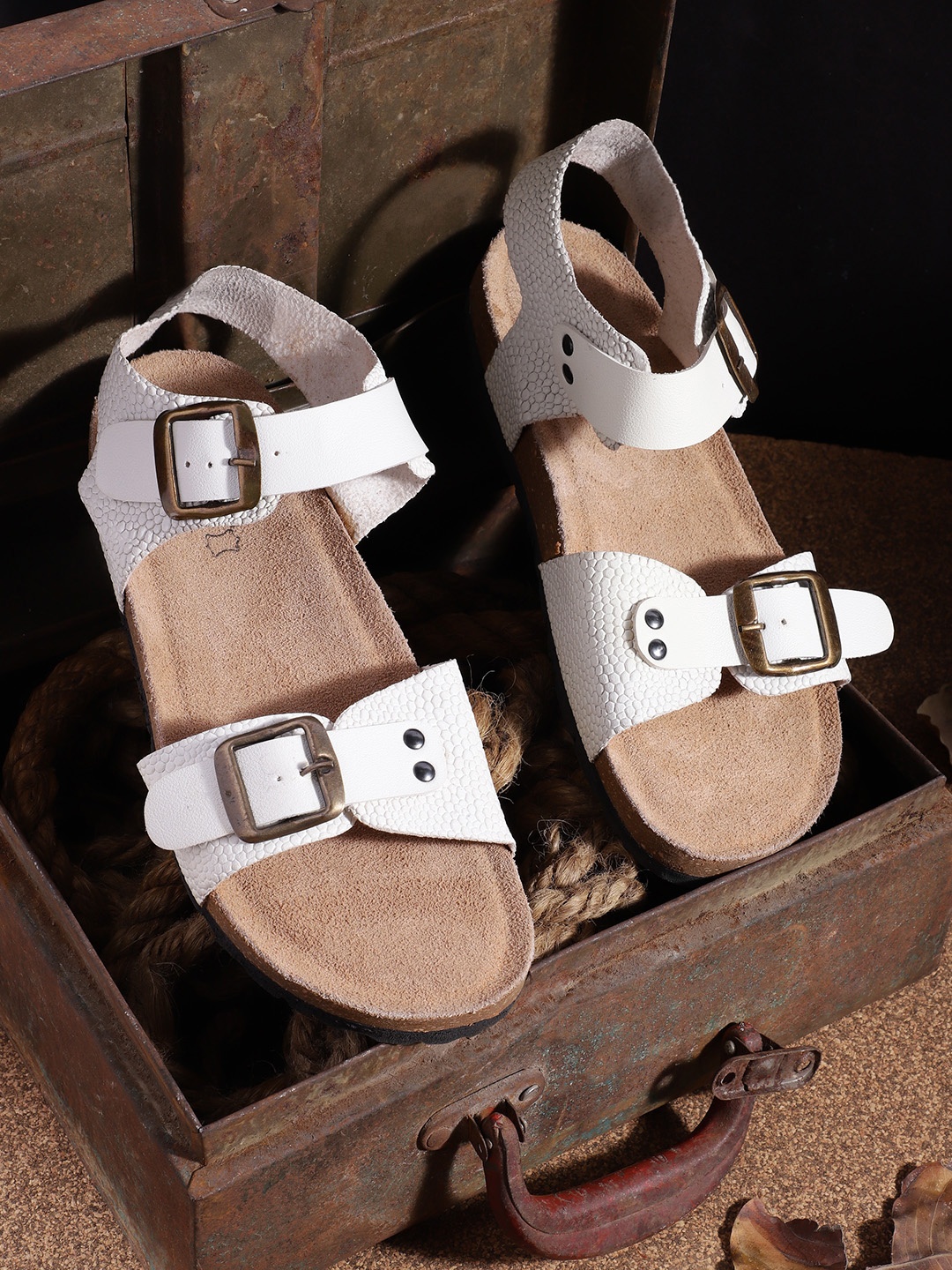 Roadster Women White Textured Open Toe Flats with Buckles