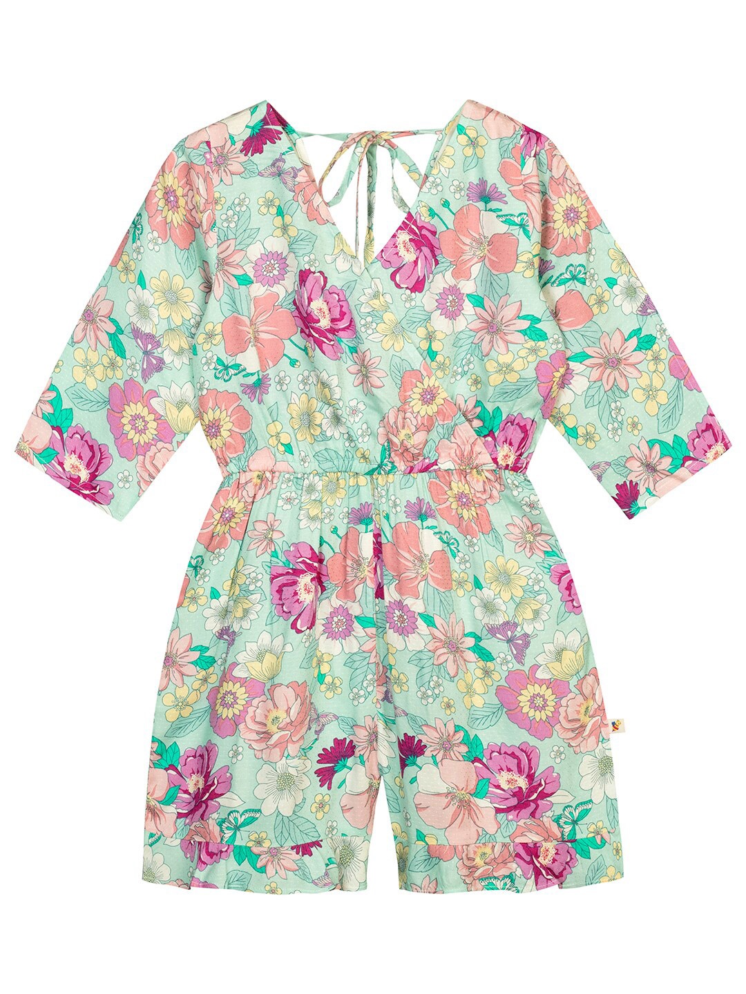 Budding Bees Girls Green & Pink Printed Jumpsuit