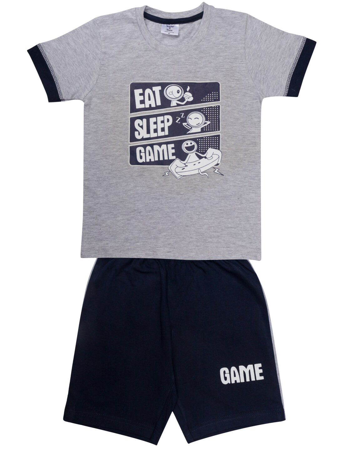 Todd N Teen Boys Grey & Navy Blue Printed T-shirt with Shorts 
Todd N Teen Boys Grey & Navy Blue Printed T-shirt with Shorts