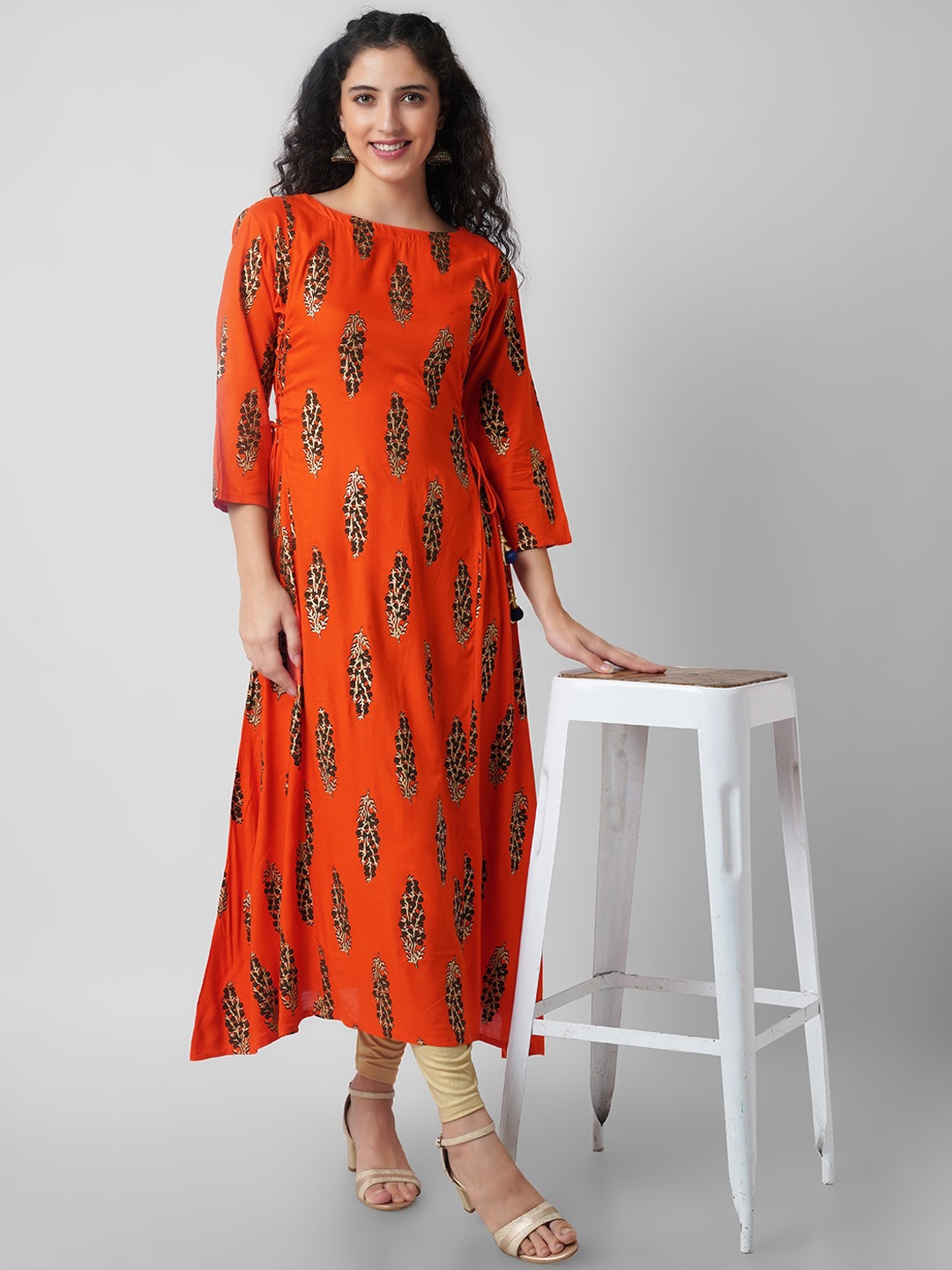 KALINI Women Orange Floral Embroidered Thread Work Handloom Kurta