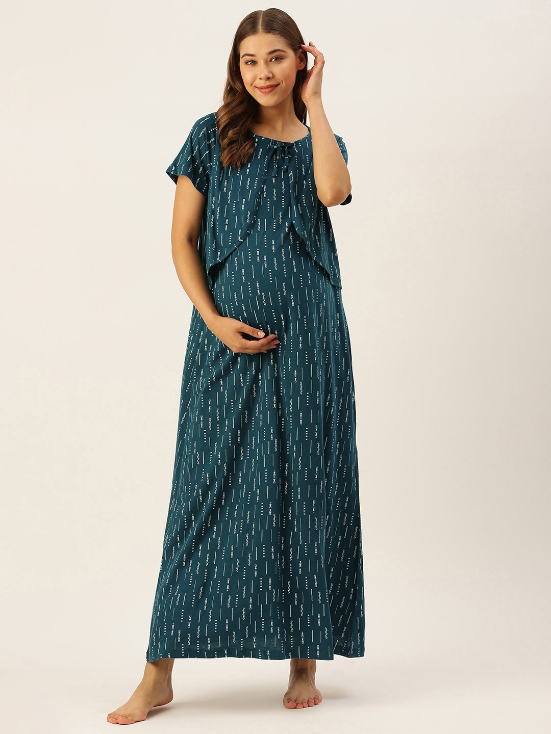 Nejo Teal Green & White Geometric Print BowDetail Layered Cotton Maxi Maternity Nightdress
Nejo Teal Green & White Geometric Print BowDetail Layered Cotton Maxi Maternity Nightdress