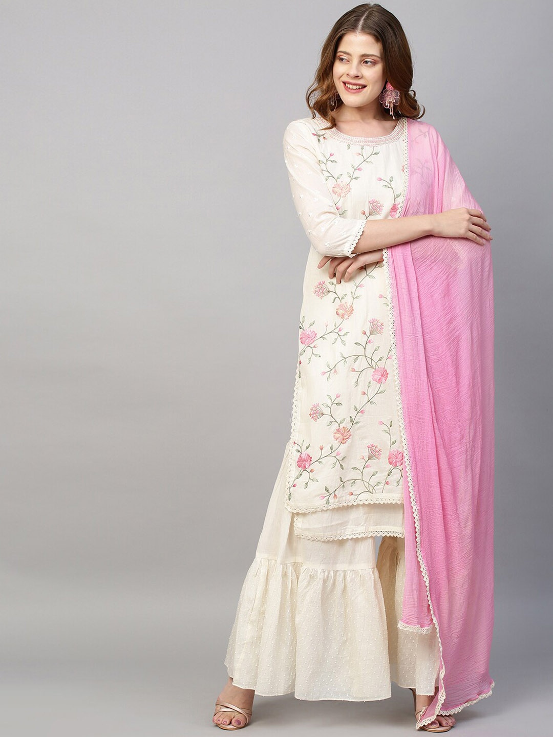 FASHOR Women Off White Floral Embroidered Beads and Stones Pure Cotton Kurti with Sharara & With Dupatta
FASHOR Women Off White Floral Embroidered Beads and Stones Pure Cotton Kurti with Sharara & With Dupatta