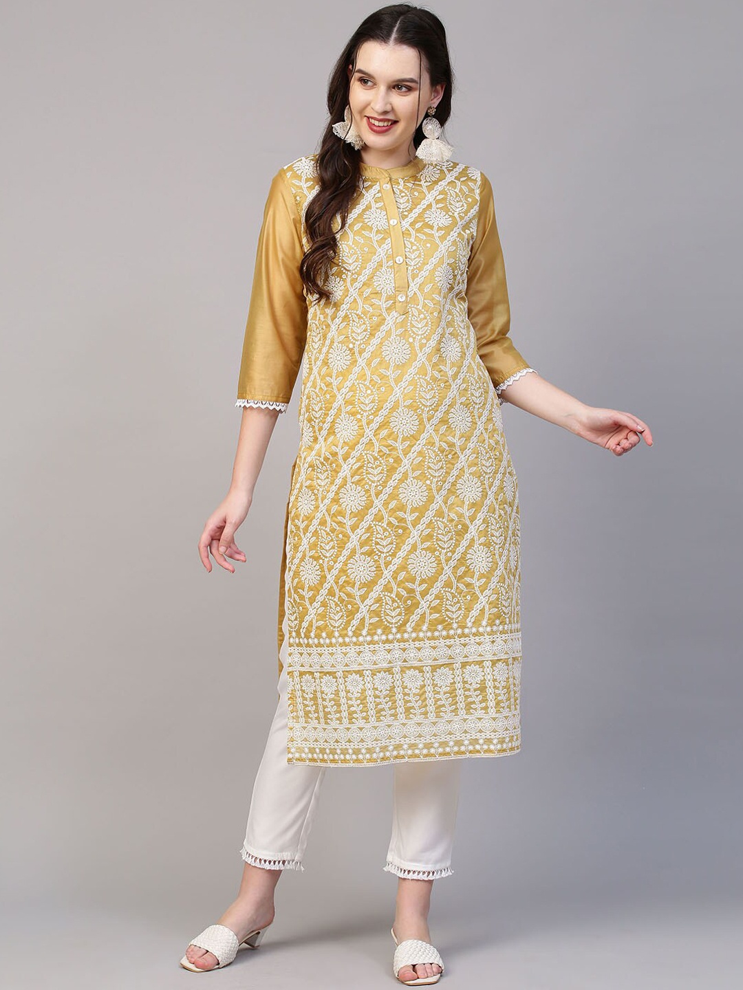 FASHOR Women Mustard Yellow Ethnic Motifs Printed Angrakha Chikankari Kurta with Trousers
FASHOR Women Mustard Yellow Ethnic Motifs Printed Angrakha Chikankari Kurta with Trousers