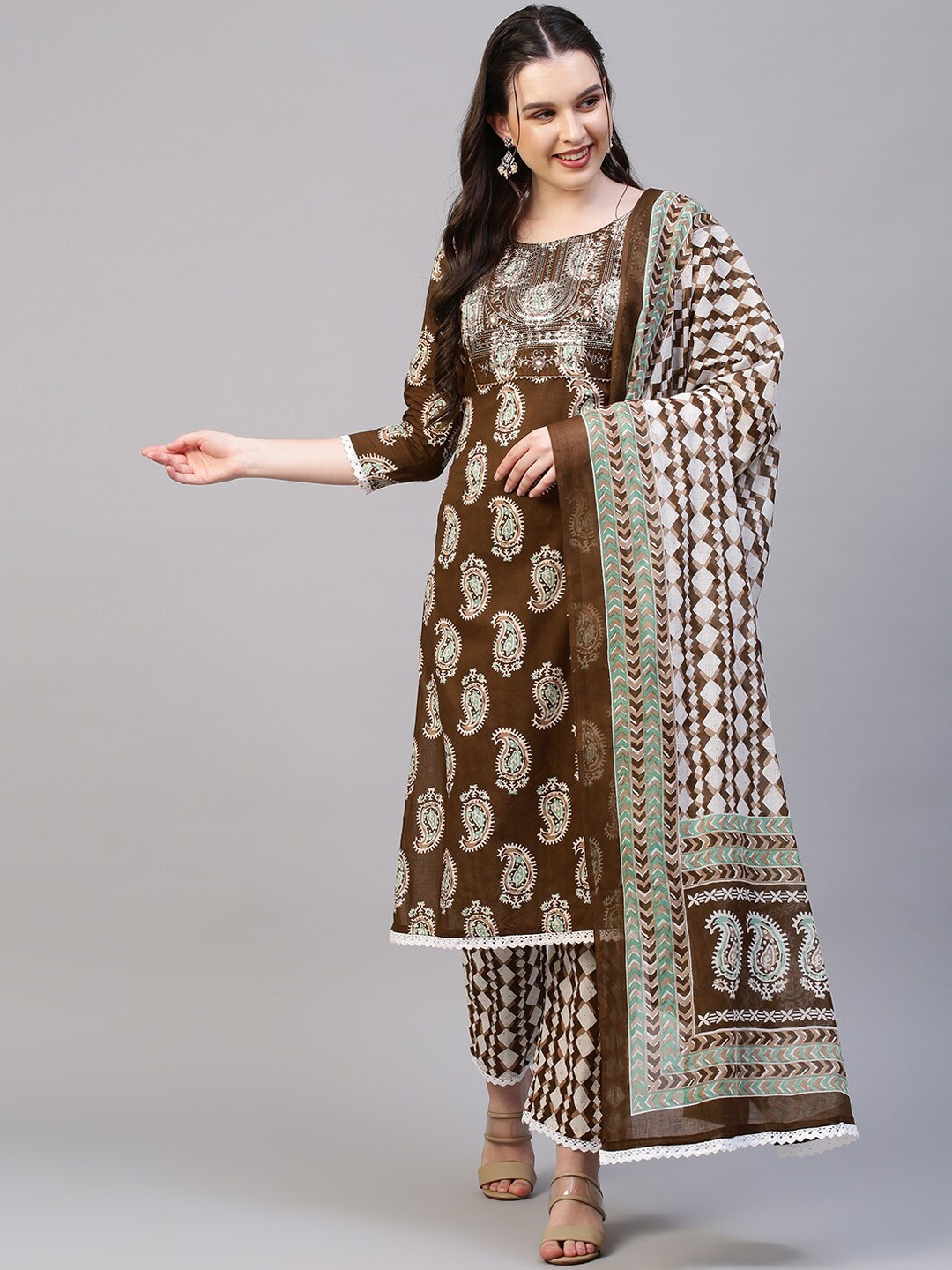 FASHOR Women Brown Printed Regular Sequinned Pure Cotton Kurti with Trousers & With Dupatta
FASHOR Women Brown Printed Regular Sequinned Pure Cotton Kurti with Trousers & With Dupatta