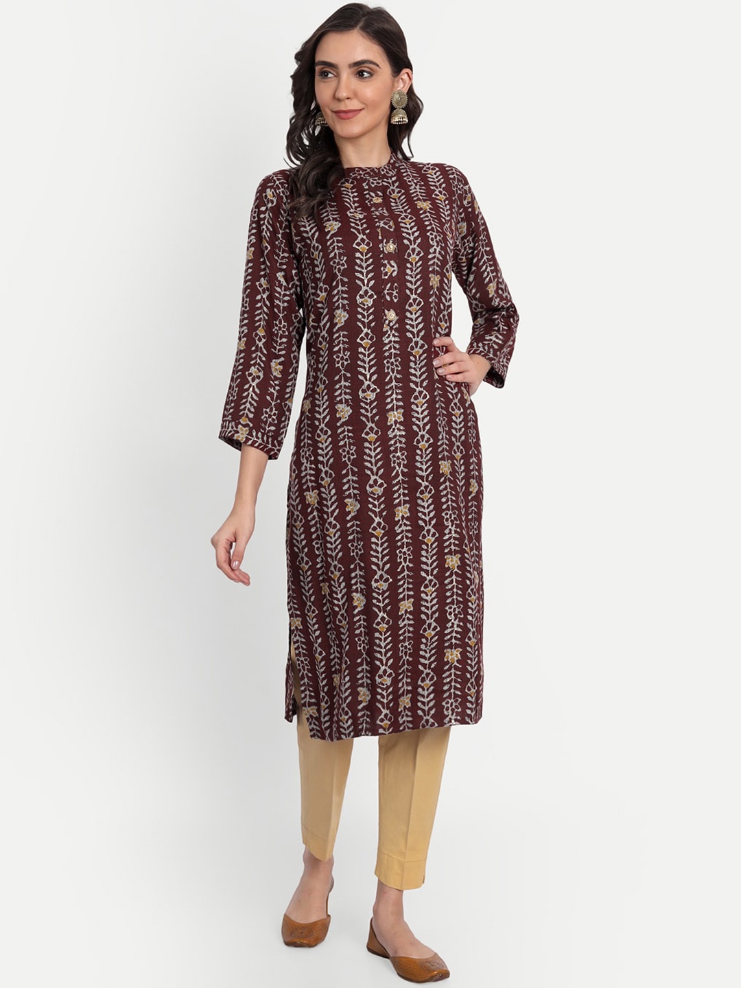 Fentacia Women Maroon Chevron Printed Mirror Work Kurta