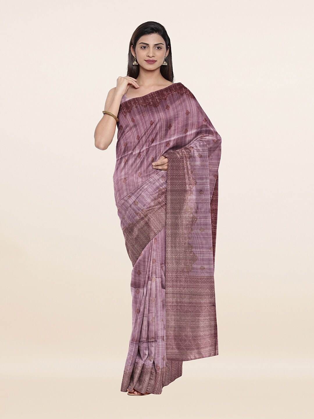 Pothys Lavender & Brown Ethnic Motifs Pure Cotton Saree
