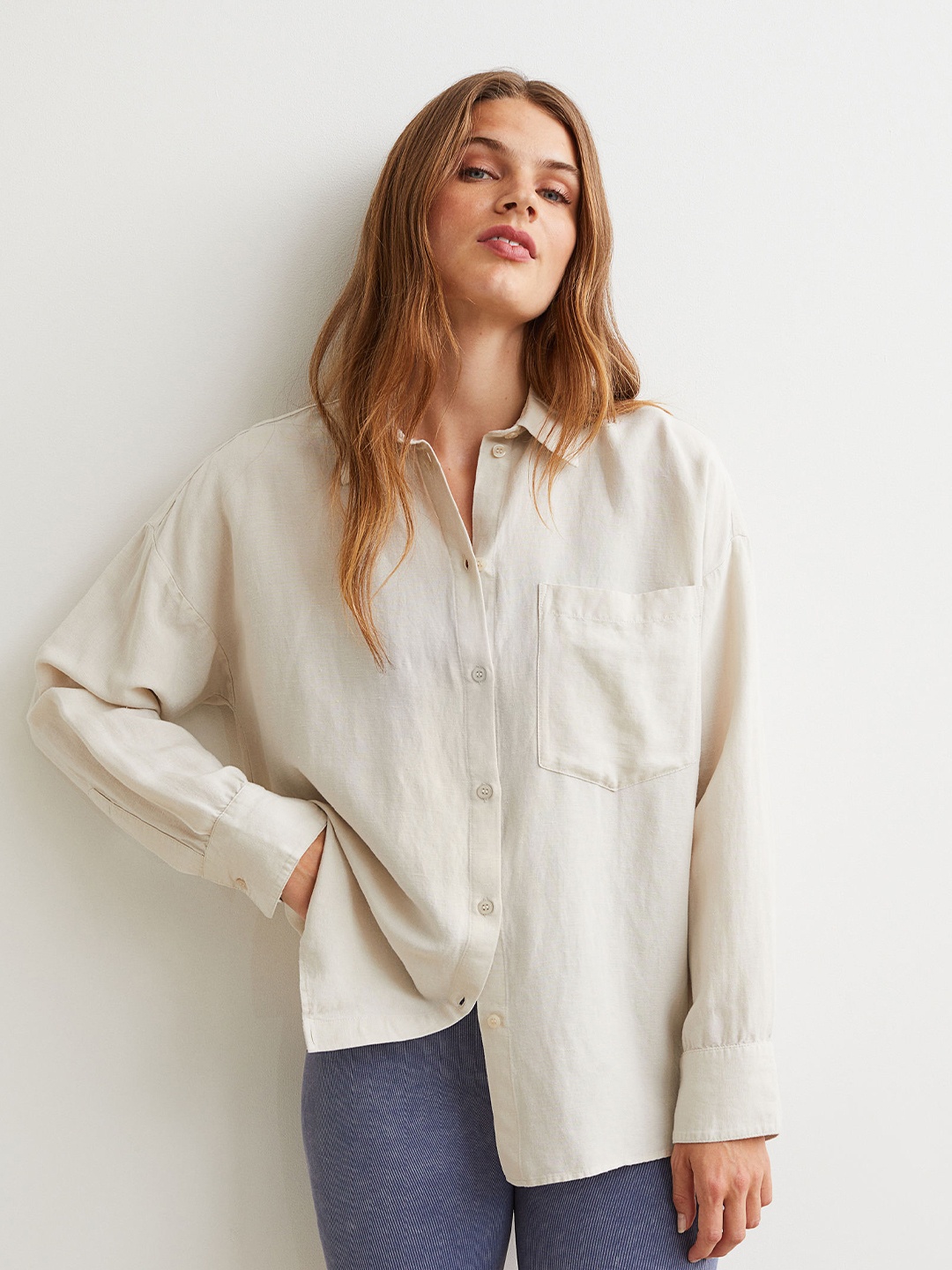 H&M Beige Oversized Linen-Blend Shirt