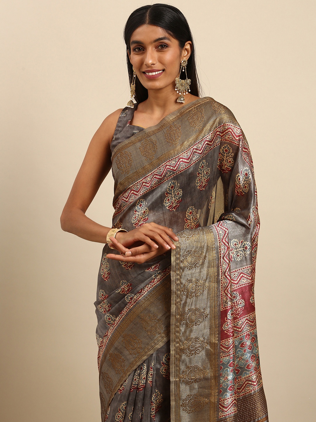 all about you Grey & White Floral Print Art Silk Tussar Saree