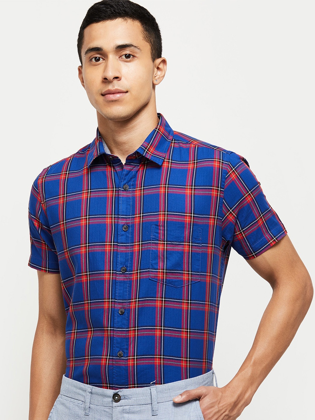 max Men Red & Blue Checked Cotton Casual Shirt
