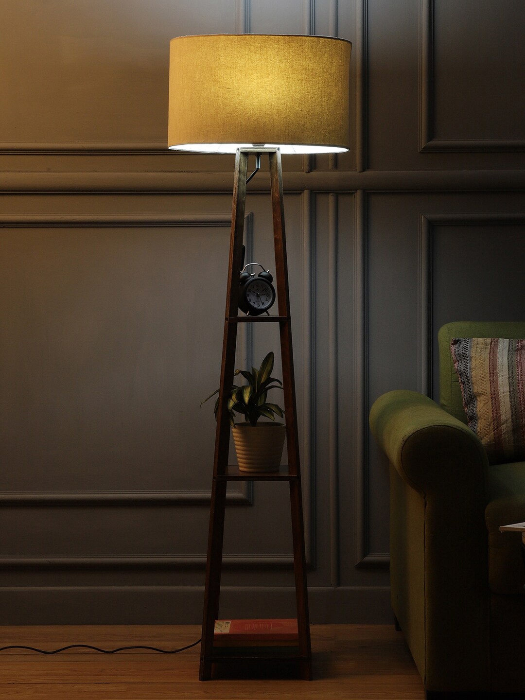 SANDED EDGE Beige & Brown Wooden Cylindrical Floor Lamp