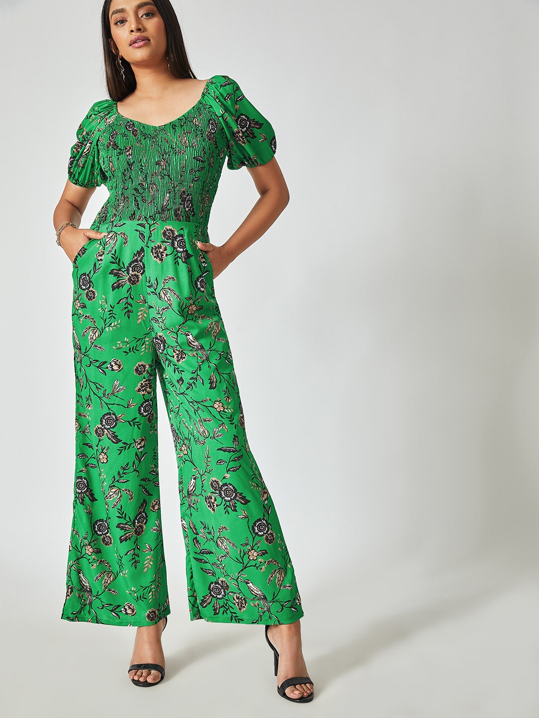 The Label Life Green & Black Printed Smocked Basic Jumpsuit