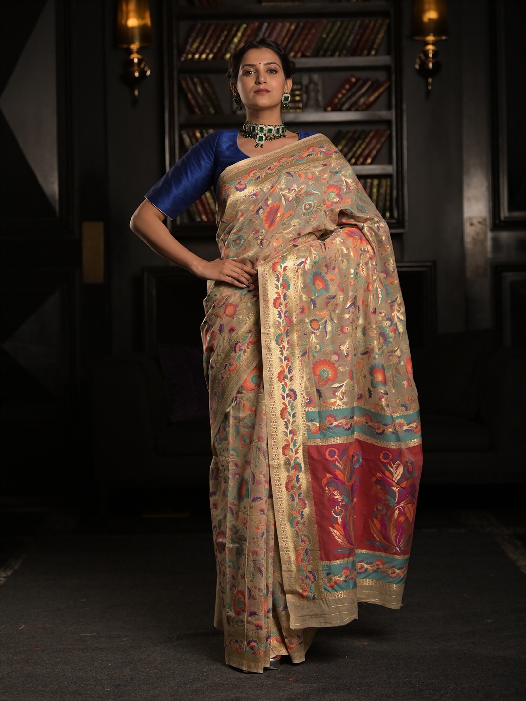 Exclusiva Cream-Coloured & Red Floral Silk Blend Saree
