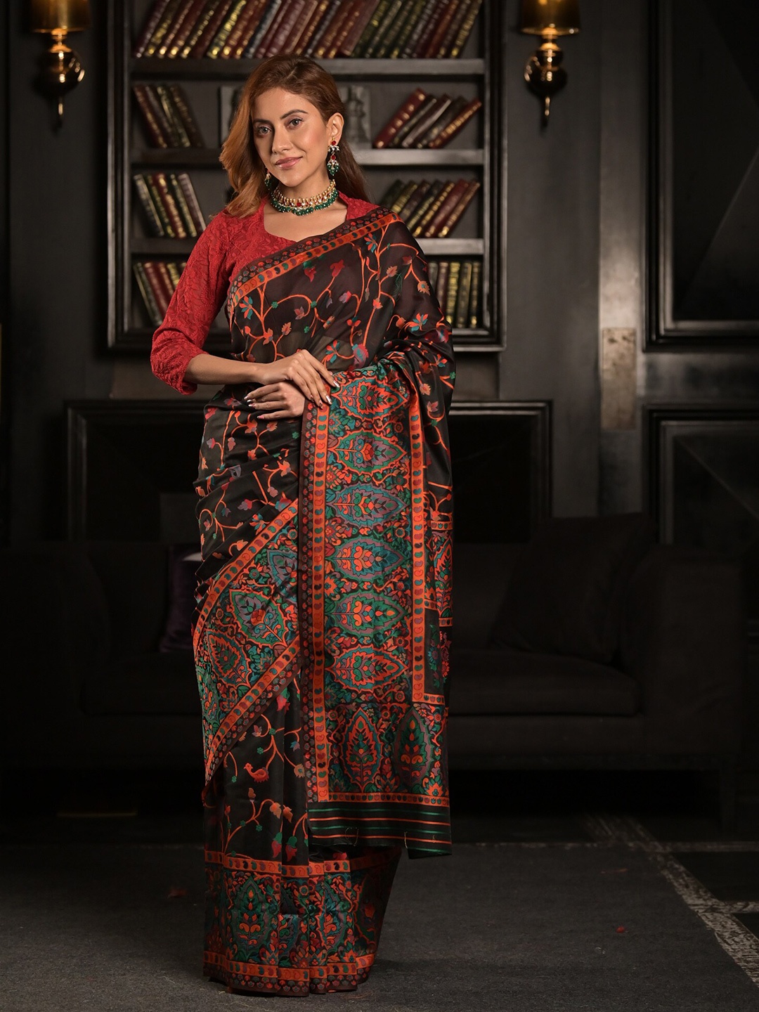 Exclusiva Black & Orange Woven Design Zari Silk Blend Saree