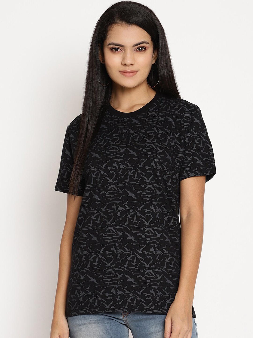 Wolfpack Women Black Conversational Printed Cotton T-shirt