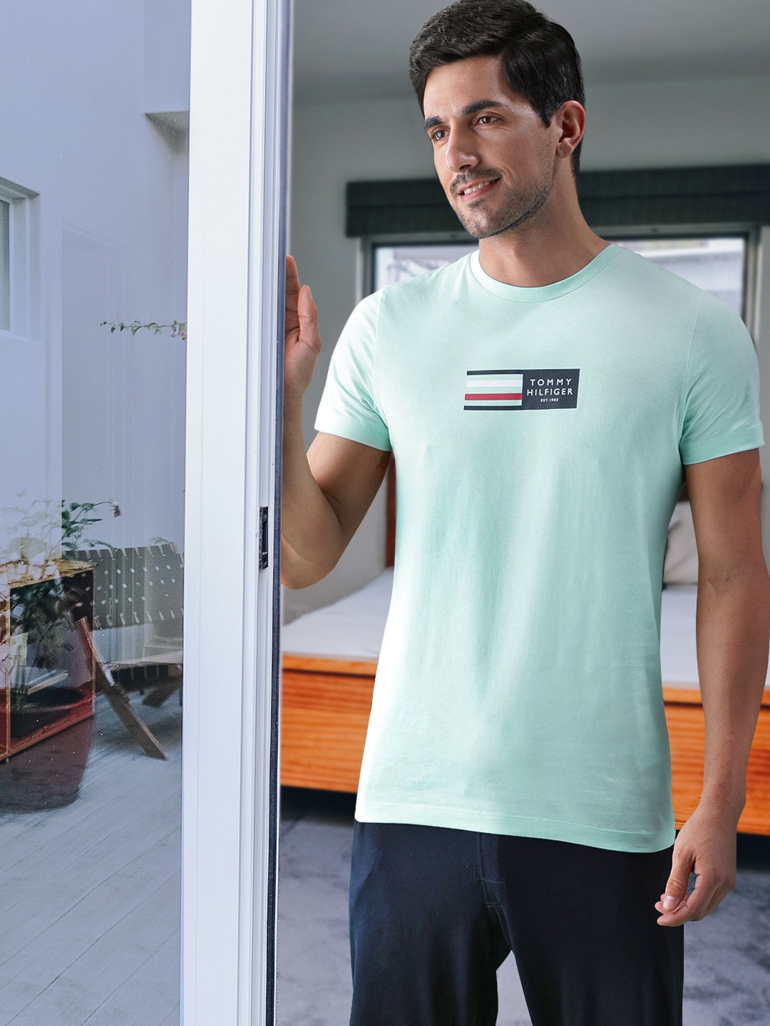 Tommy Hilfiger Men Sea Green Brand Logo Printed Organic Cotton Slim Fit T-shirt
