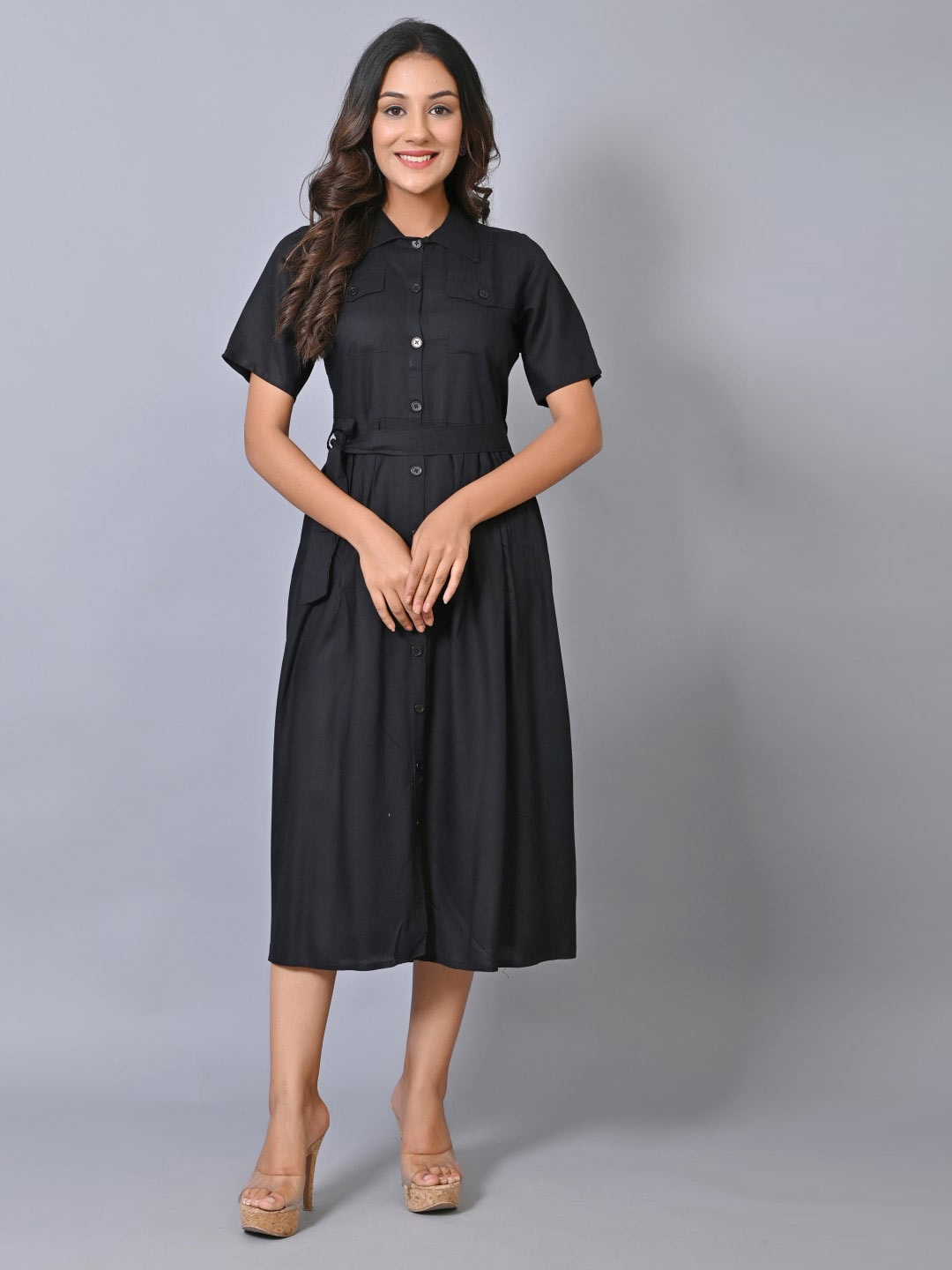 IQRAAR Black Shirt Midi Dress