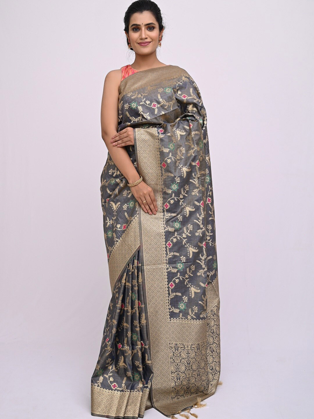 KAJREE Gunmetal-Toned & Gold-Toned Woven Design Pure Silk Heavy Work Khadi Saree, Metallic
KAJREE Gunmetal-Toned & Gold-Toned Woven Design Pure Silk Heavy Work Khadi Saree, Metallic