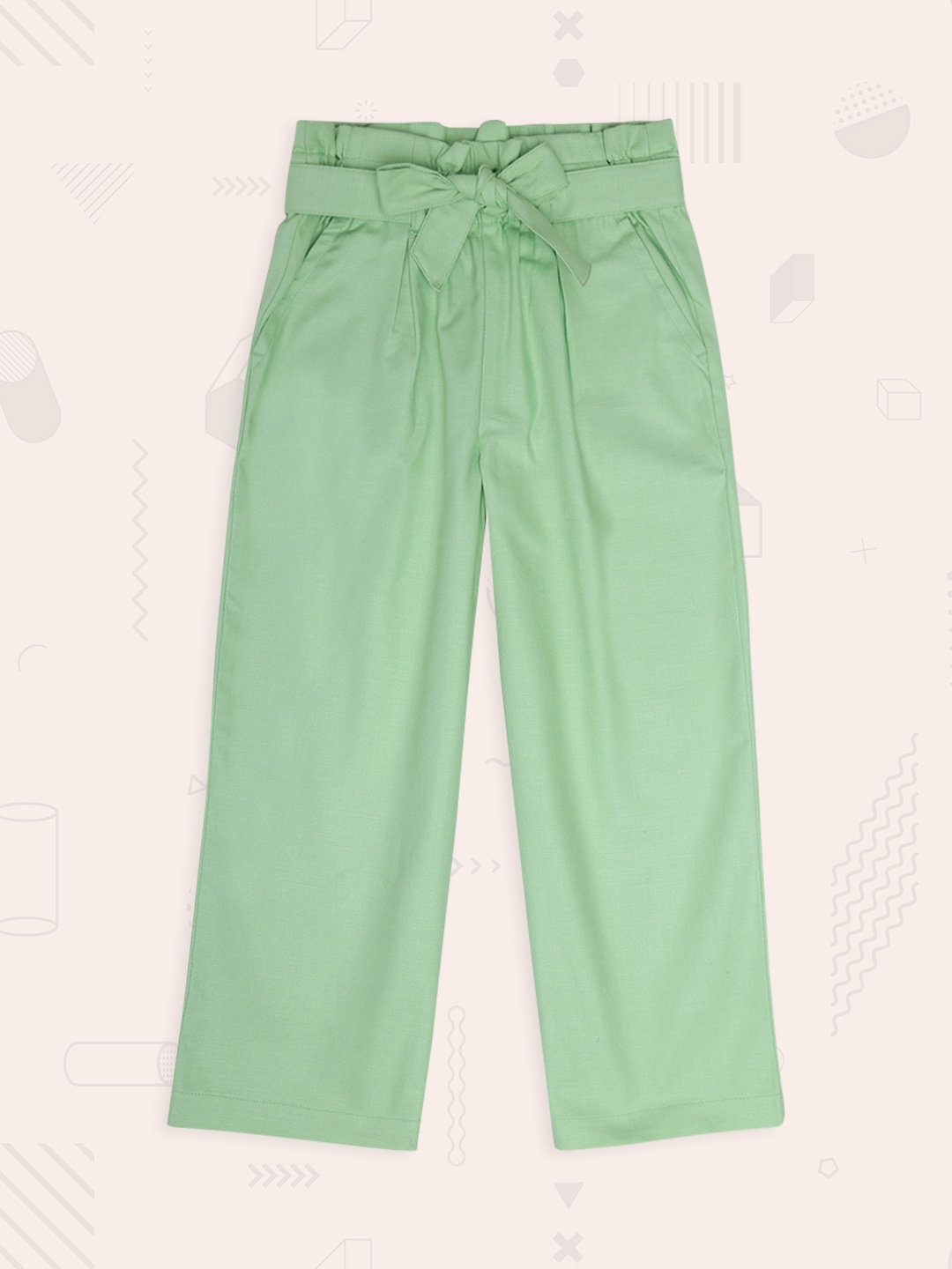 United Colors of Benetton Girls Green High-Rise Pleated Cotton Trousers