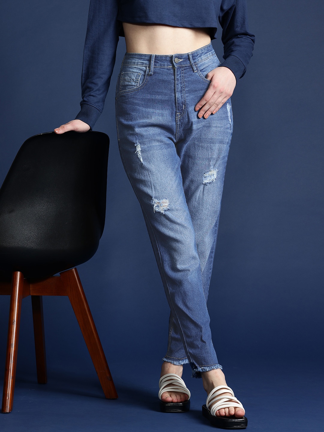 Mast & Harbour Women Blue Boyfriend Fit Mildly Distressed Light Fade Stretchable Jeans, Navy blue
Mast & Harbour Women Blue Boyfriend Fit Mildly Distressed Light Fade Stretchable Jeans, Navy blue
