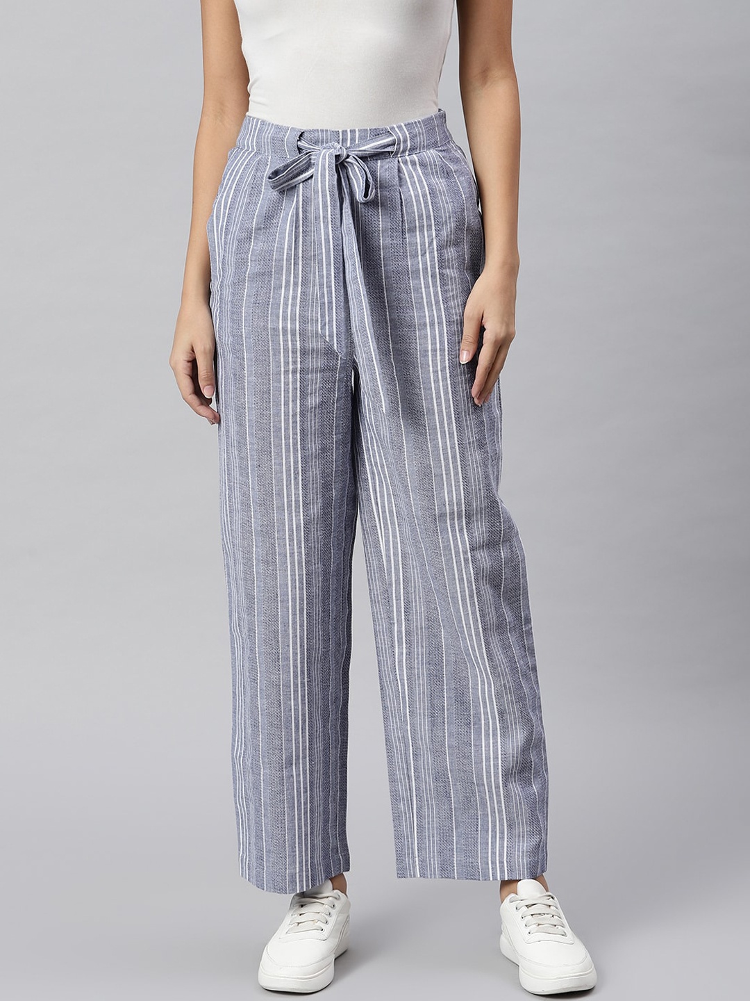 JUNE & HARRY Women Blue Striped Smart Straight Fit High-Rise Pleated Pure Cotton Trousers
JUNE & HARRY Women Blue Striped Smart Straight Fit High-Rise Pleated Pure Cotton Trousers